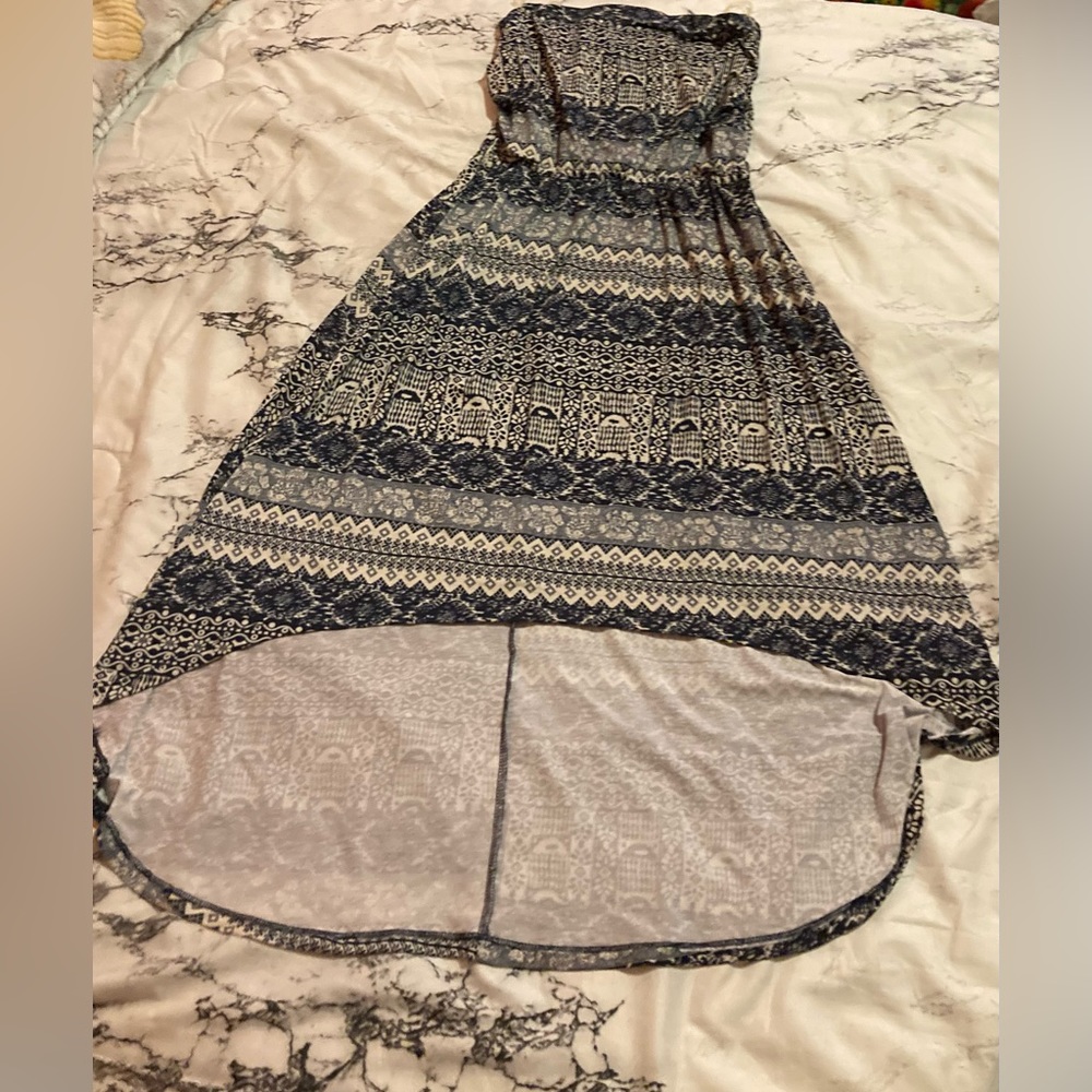 This is a floral strapless dress